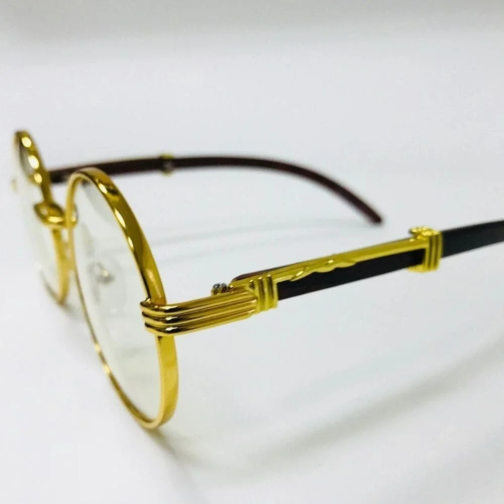 Round Clear Lens Gold Glasses Wood Buffs Stylish Fashion Eyeglasses UV400 Street